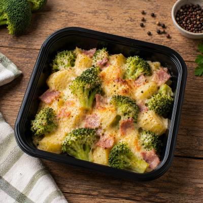 Zapečená brokolice se sýrem a šunkou, vařené brambory (fitness, vegetariánské), 350g celá porce