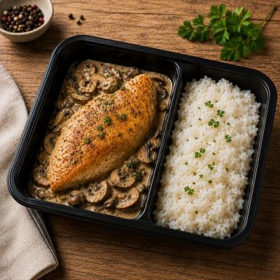 Kuřecí plátek na žampionech, dušená rýže (bezlepkové, fitness), 350g celá porce/ 100g maso