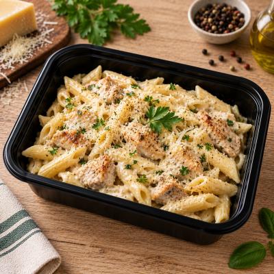Penne s krůtím masem ve smetanovo sýrové omáčce (fitness), 350g celá porce/ 100g maso