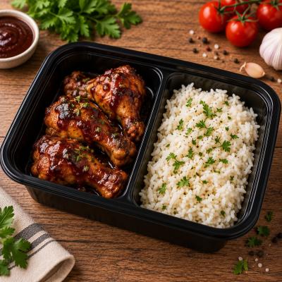 Kuřecí paličky v BBQ omáčce, rýže, 350g celá porce/ 100g maso