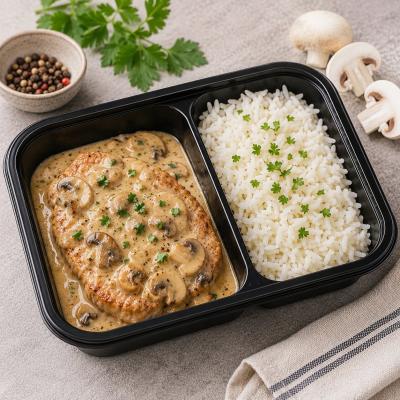 Vepřová kotleta na žampionech, dušená rýže, 350g celá porce / 100g maso, 120,- Kč