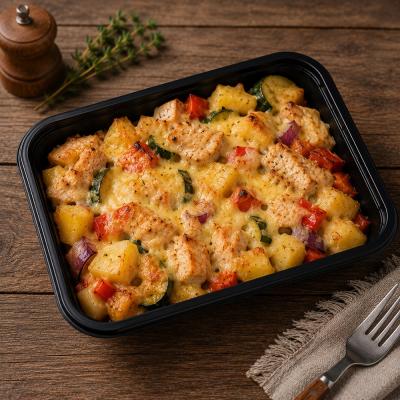 Zapečená zelenina s kuřecím masem, sýrem a vařeným bramborem, 350g celá porce/ 100g maso