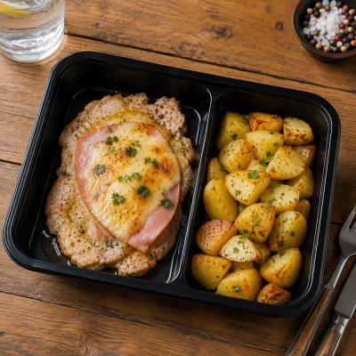 Vepřový přírodní plátek se šunkou a sýrem, opečené brambory, 350g celá porce/ 100g maso