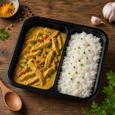 Vepřové nudličky na kari, dušená rýže (fitness, bezlepkové), 350g celá porce/ 100g maso
