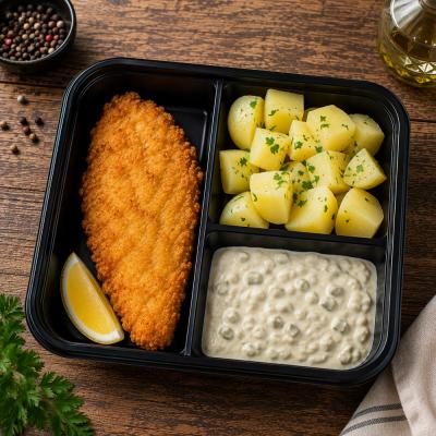 Smažené rybí filé, vařené brambory, tatarská omáčka, 350g celá porce/ 100g filé