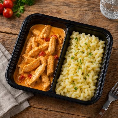 Kuřecí nudličky na paprice, těstoviny (bezlepkové, fitness), 350g celá porce