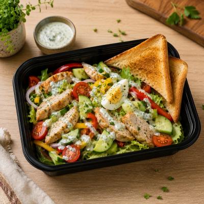 Lehký zeleninový salát s kuřecím masem, vejcem, bylinkovým dresinkem a opečeným toastem (fitness), 350g celá porce