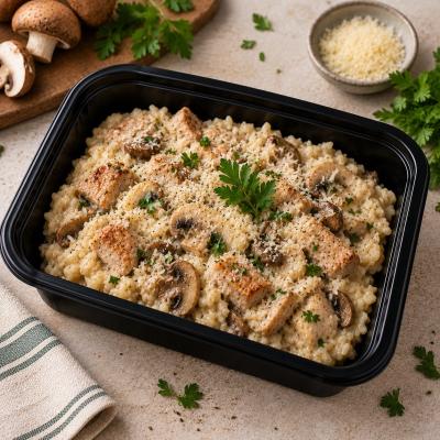 Rizoto s vepřovým masem a houbami, smetanová omáčka, 350g celá porce