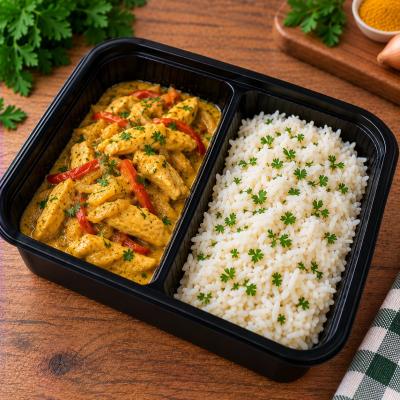 Kuřecí nudličky na kari, dušená rýže (fitness, bezlepkové), 350g celá porce/ 100g maso