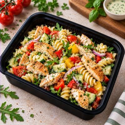 Těstovinový salát s kuřecím masem, zeleninou a bylinkovým dresinkem (fitness), 350g celá porce
