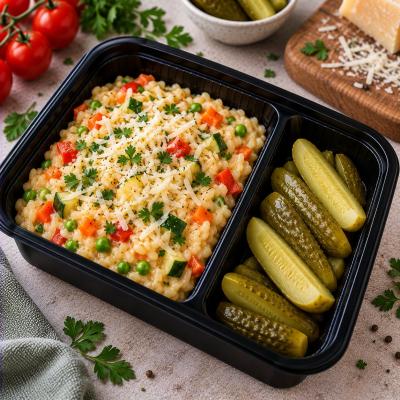 Zeleninové rizoto se sýrem, kyselá okurka (klasika jako od maminky), 350g celá porce
