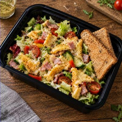 Zeleninový salát s vaječnou omeletou se šunkou a sýrem, opečený toast (fitness), 350g celá porce