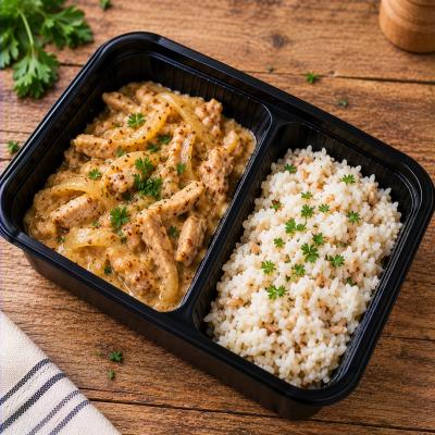 Vepřové nudličky na hořčici, rýže (fitness, bezlepkové), 350g celá porce/ 100g maso