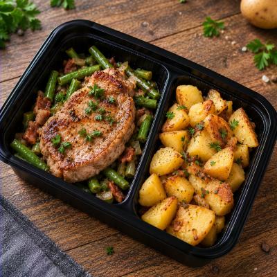 Vepřový steak na fazolových luscích, opečené brambory, 350g celá porce/ 100g maso