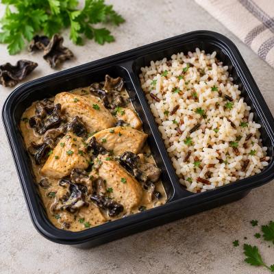 Kuře s černými houbami, rýže (fitness), 350g celá porce/ 100g maso	