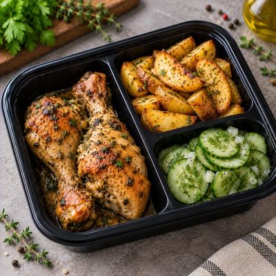 Kuřecí paličky na bylinkách, pečené brambory, okurkový salát, 350g celá porce/ 100g maso