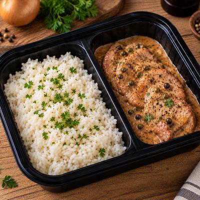 Vepřový plátek na pepři, dušená rýže, 350g celá porce/ 100g maso