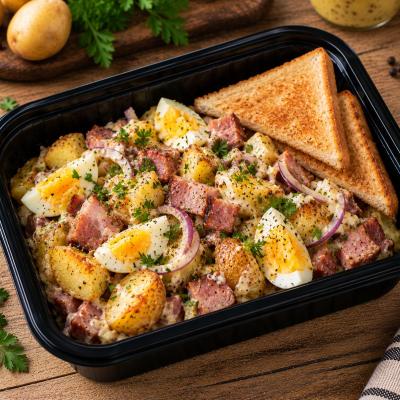 Selský salát s uzeným masem, opečenými brambory, vejcem, hořčičným dresinkem a opečeným toastem, 350g celá porce