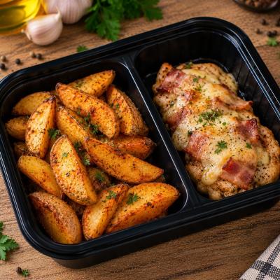 Kuřecí steak se slaninou a gratinovaným sýrem, americké brambory, 350g celá porce/ 100g maso