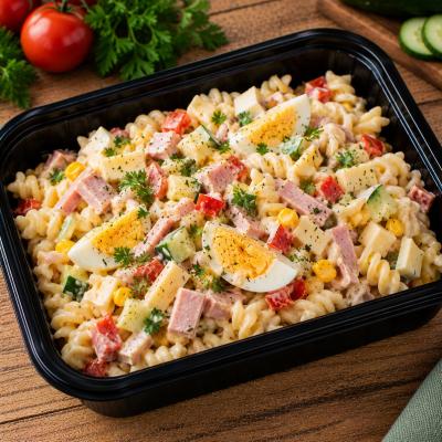 Těstovinový salát se šunkou, eidamem, vejcem a zeleninou, 350g celá porce