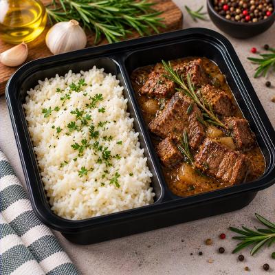 Dušené hovězí na rozmarýnu, dušená rýže, 350g celá porce/ 100g maso