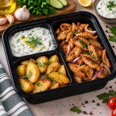 Kuřecí gyros, opečené brambory, tzatziki, 350g celá porce/ 100g maso