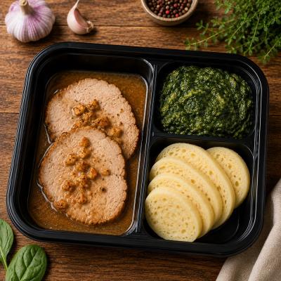 Vepřová pečeně na česneku, špenát, bramborový knedlík (česká klasika jako od maminky), 350g celá porce/ 100g maso