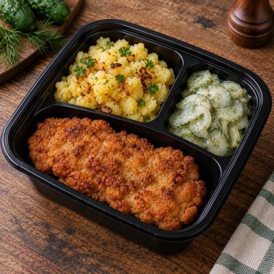 Vepřový řízek z krkovice, šťouchané brambory s cibulkou, okurkový salát (česká klasika jako od maminky), 350g celá porce/ 100g maso