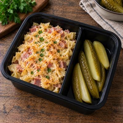 Zapečené šunkové flíčky se sýrem, kyselá okurka, 350g celá porce