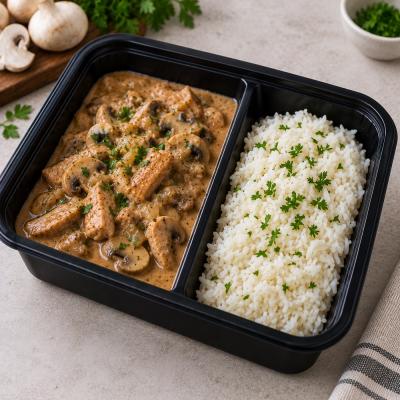 Vepřová směs na žampionech, dušená rýže, 350g celá porce/ 100g maso