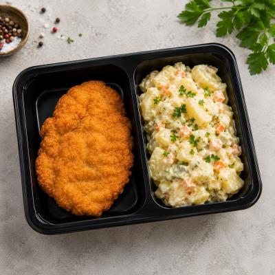 Kuřecí řízek, vídeňský bramborový salát (česká klasika jako od maminky), 350g celá porce/ 100g maso, 120,- Kč